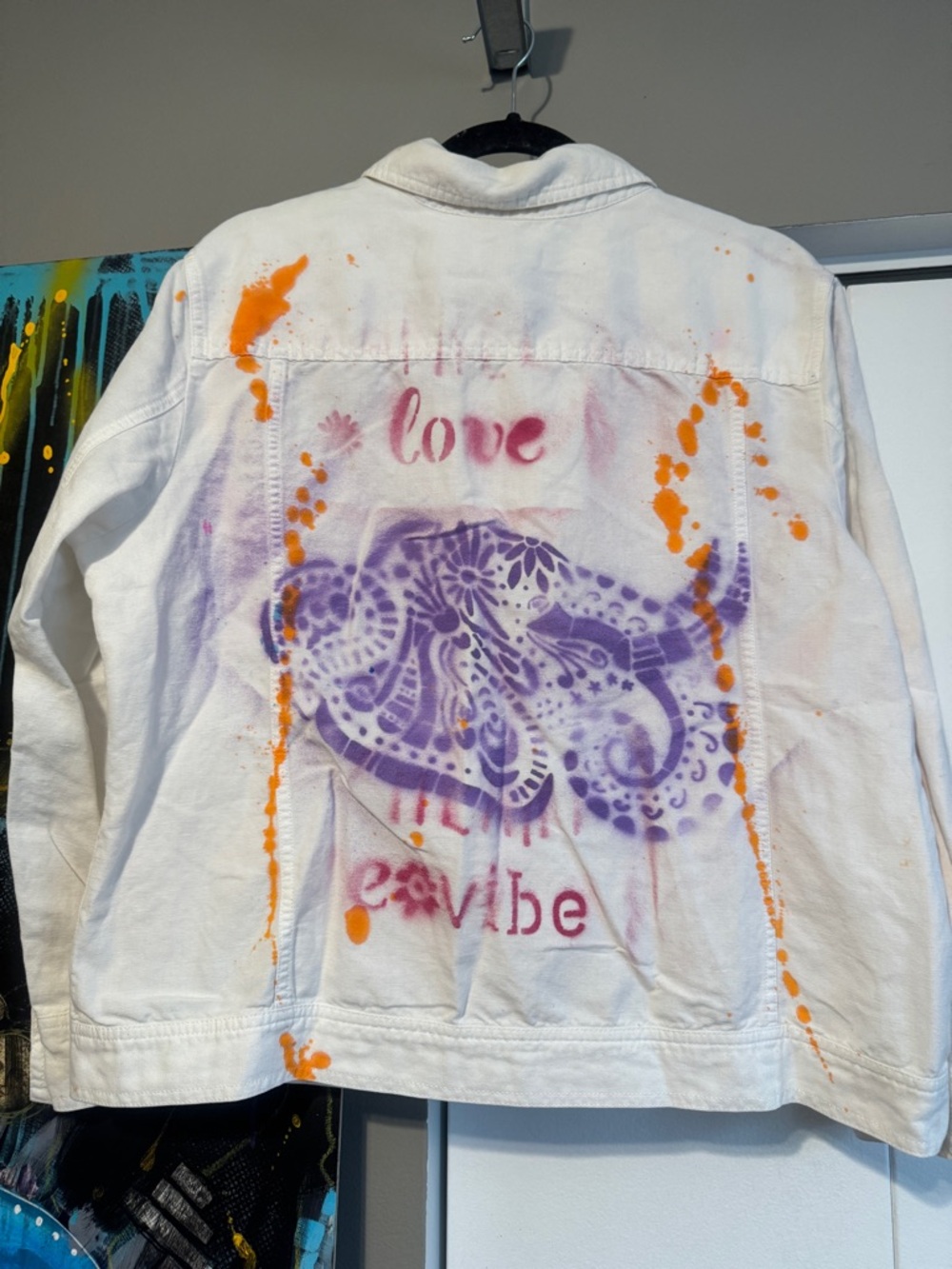 Custom Hand Painted White Linen Jacket Graffiti Streetwear Artsy Boho L - Picture 5 of 8